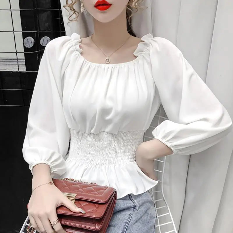 Youth Elegant Blouse Women Chiffon Fashion Blouse Off Shoulder White Shirt Ruffle Puff Sleeve Top Office wear 2022