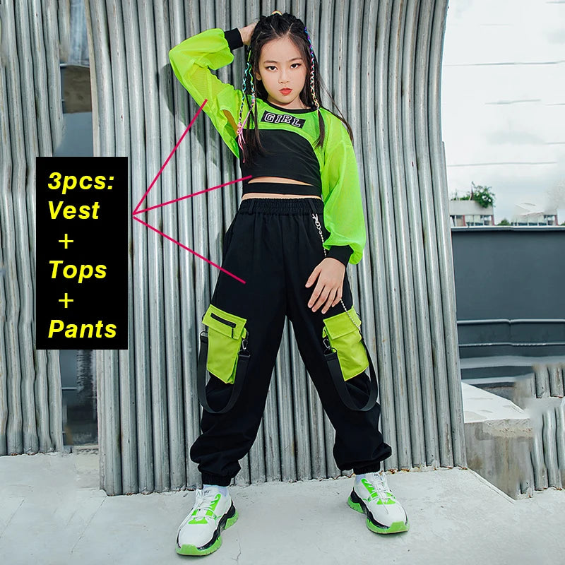 Kids Hip Hop Clothes Girls Jazz Dance Costume Neon Green Crop Tops Black Vest Cargo Pants Street Dance Performance Wear BL7108