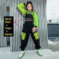 Kids Hip Hop Clothes Girls Jazz Dance Costume Neon Green Crop Tops Black Vest Cargo Pants Street Dance Performance Wear BL7108