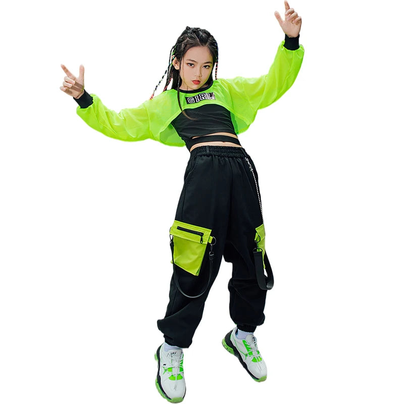 Kids Hip Hop Clothes Girls Jazz Dance Costume Neon Green Crop Tops Black Vest Cargo Pants Street Dance Performance Wear BL7108