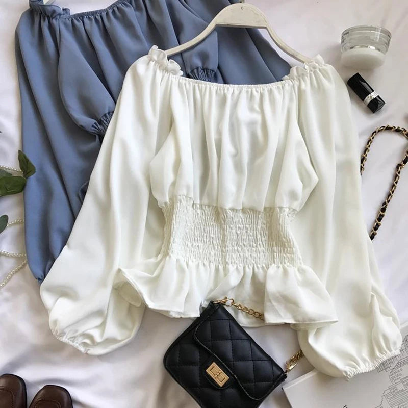 Blouse en mousseline épaules dénudées à volants femme