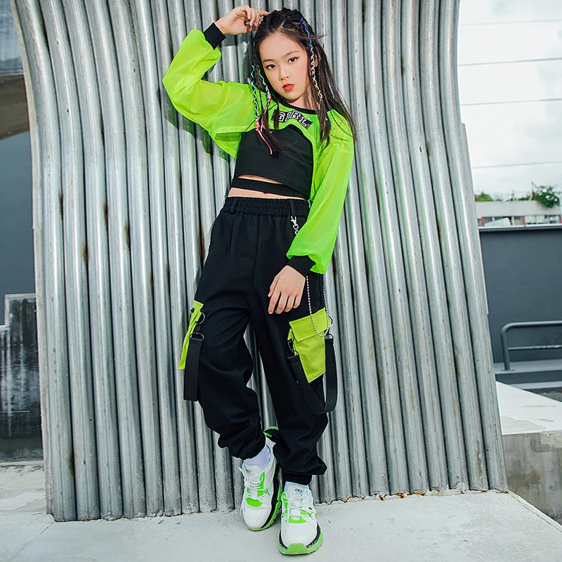 Kids Hip Hop Clothes Girls Jazz Dance Costume Neon Green Crop Tops Black Vest Cargo Pants Street Dance Performance Wear BL7108