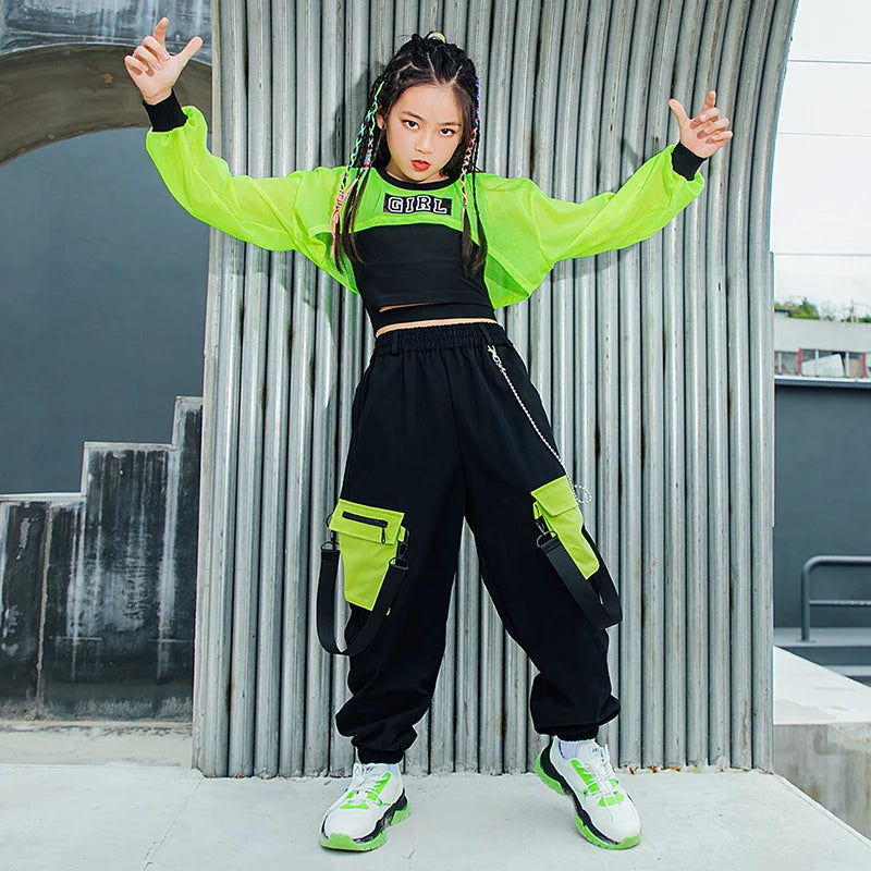 Kids Hip Hop Clothes Girls Jazz Dance Costume Neon Green Crop Tops Black Vest Cargo Pants Street Dance Performance Wear BL7108
