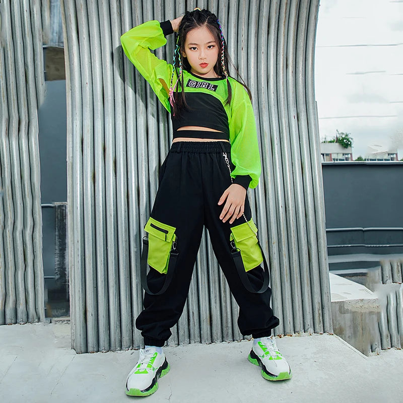 Kids Hip Hop Clothes Girls Jazz Dance Costume Neon Green Crop Tops Black Vest Cargo Pants Street Dance Performance Wear BL7108