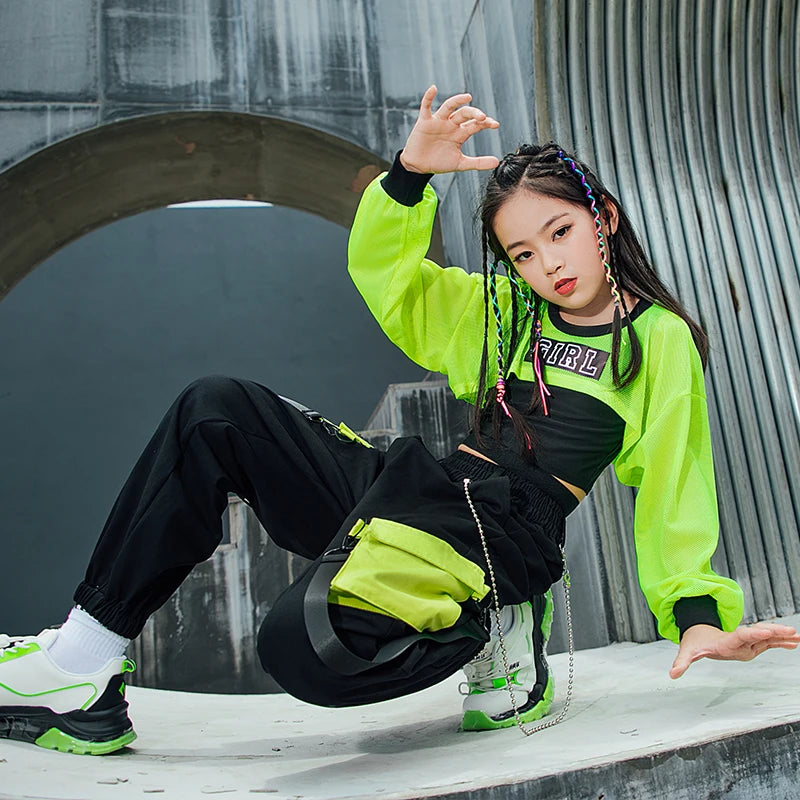 Kids Hip Hop Clothes Girls Jazz Dance Costume Neon Green Crop Tops Black Vest Cargo Pants Street Dance Performance Wear BL7108