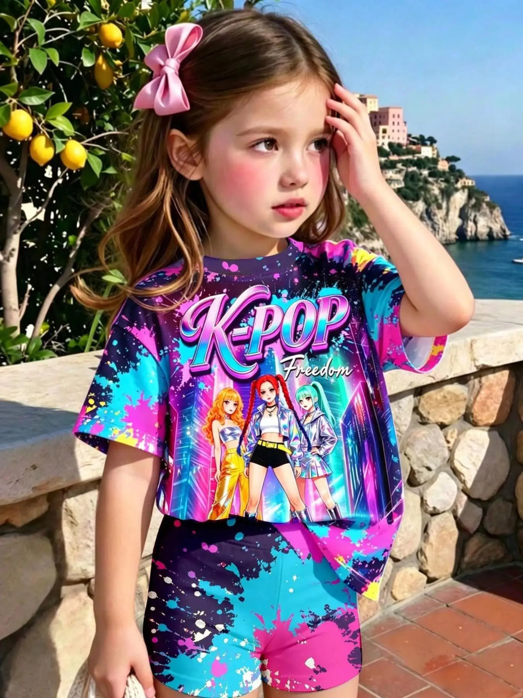 Girls' two-piece outfit featuring a neon ink-wash style with anime-inspired idol aesthetics; includes a crew-neck, short-sleeved