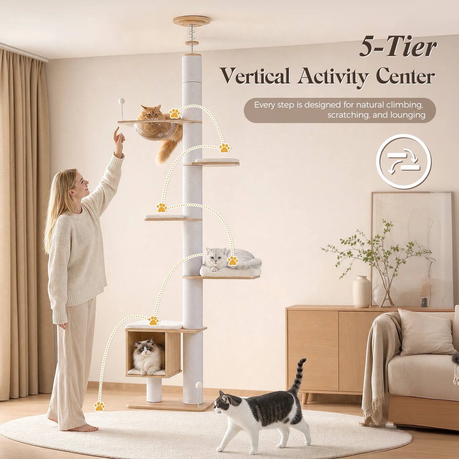 Floor to Ceiling Cat Tree for Indoor Cats Adjustable Height Wooden Cat Tower with Thick Scratching Posts Acrylic Cave Cat Toys