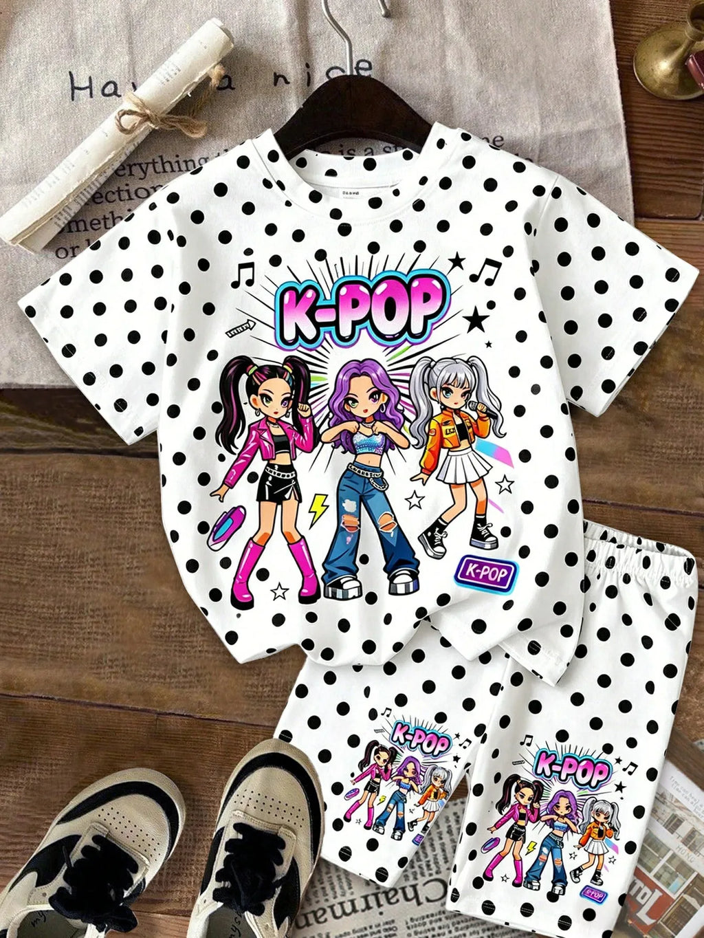 Girls White Polka Dot K-Pop Cartoon 2Pcs Outfit Neon Pop Singer Print Tee Full Dot Matching Graphic Biker Shorts Kids Summer Set