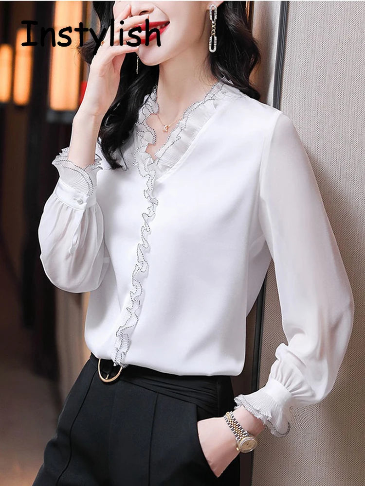 Blouse en mousseline col V à volants manches longues femme – vue 6