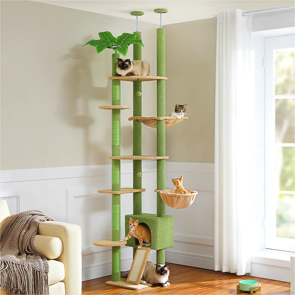 Adjustable Height Tall Cat Tree for Indoor Cats Floor to Ceiling Cat Tower with Sisal Scratching Post Cozy Hammock Large Condo Multi-Level Climbing Tree Cat Toys