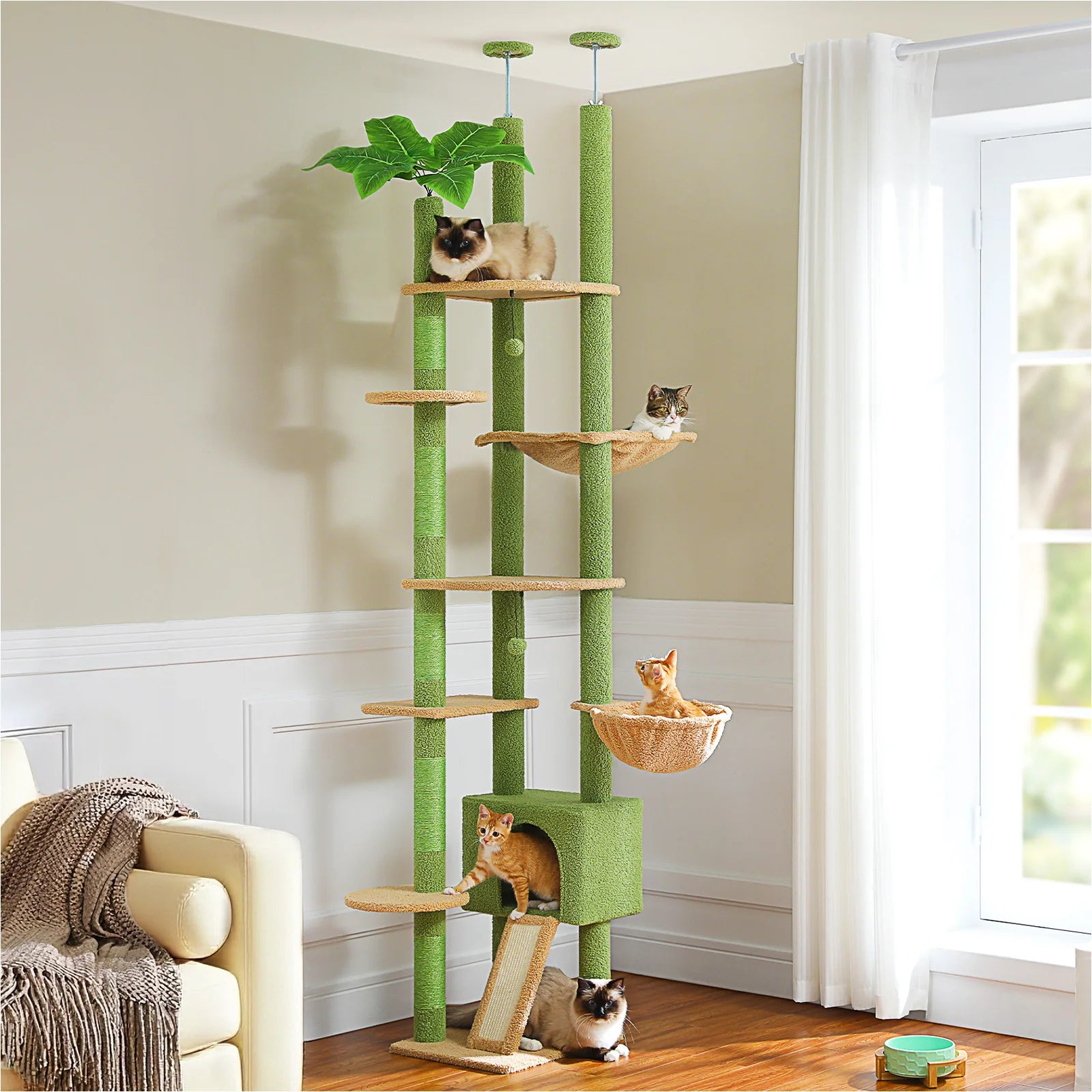 Adjustable Height Tall Cat Tree for Indoor Cats Floor to Ceiling Cat Tower with Sisal Scratching Post Cozy Hammock Large Condo Multi-Level Climbing Tree Cat Toys