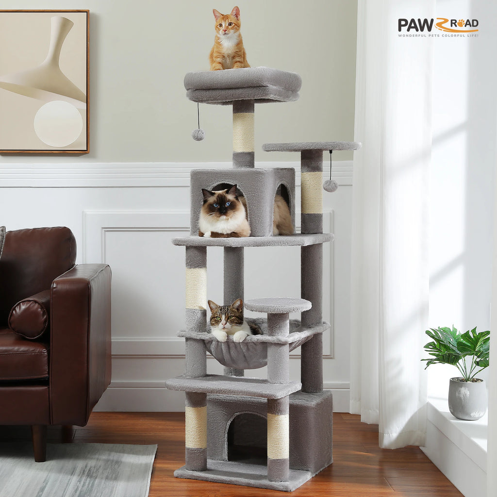 Multi-Level Large Cat Tree with Sisal-Covered Scratching Posts Cozy Condos Spacious Hammock Tall Cat Tower for Indoor Cat Toys