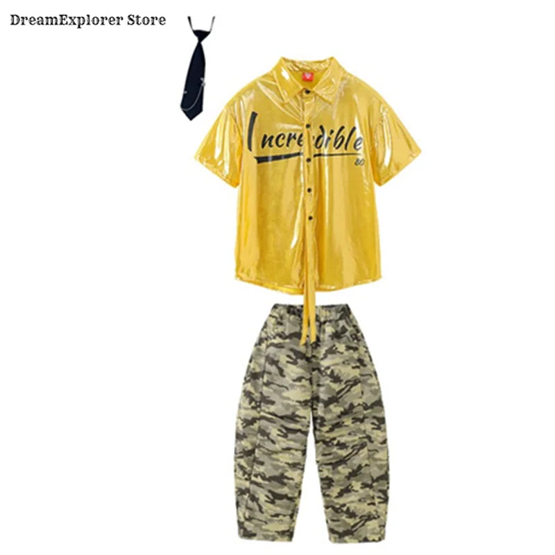 Hip Hop Boys Bright Shiny Shirt Camouflage Pants Girls K-pop Streetwear Children Street Dance Costumes Kids Jazz Clothes Sets