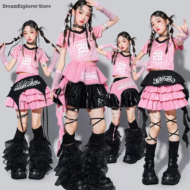 Kids K-pop Crop Top Street Dance Shiny Pleated Skirt Girls Hip Hop Streetwear Children Jazz Costume Girl Group Stage Clothes Set