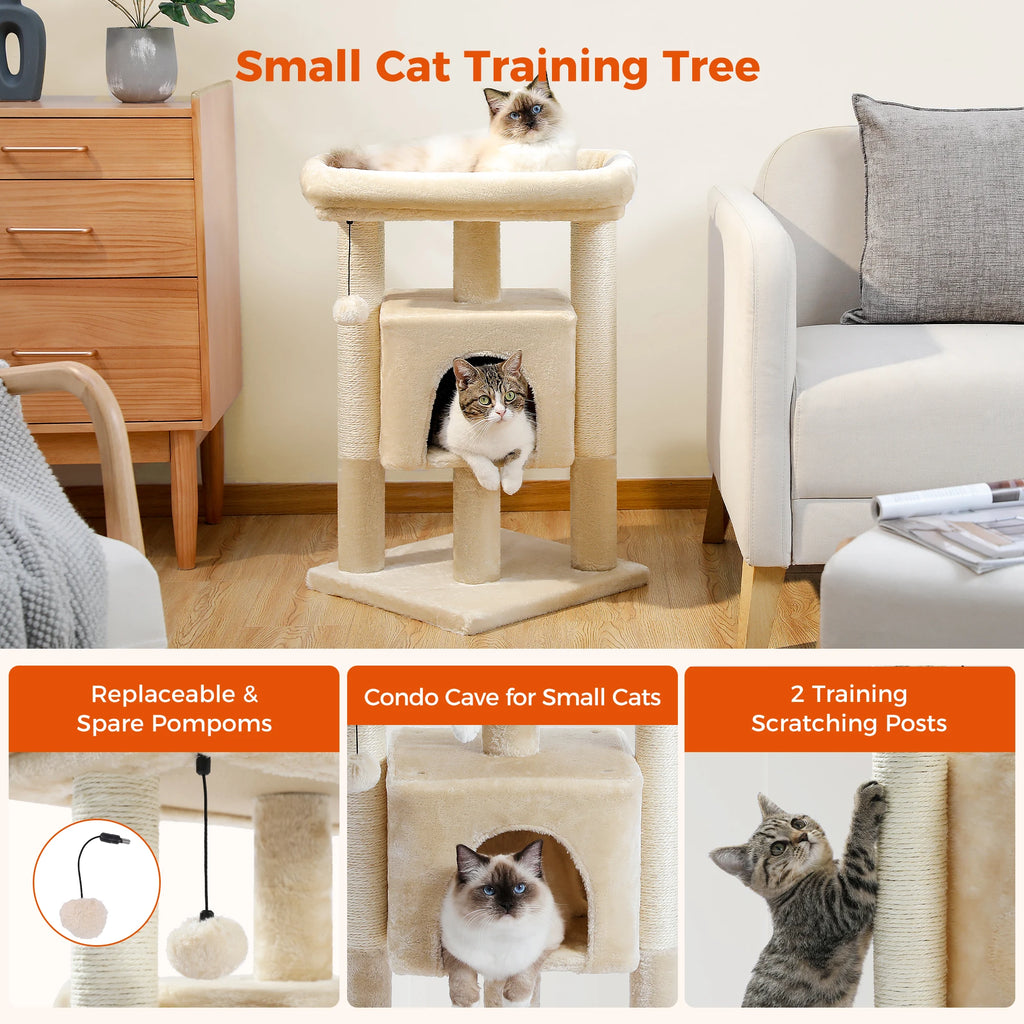 Small Cat Tree Tower with Natural Sisal Scratching Posts Soft Top Perch and Plush Pom-pom Cozy Cat Condo Bed for Indoor Cat Toys