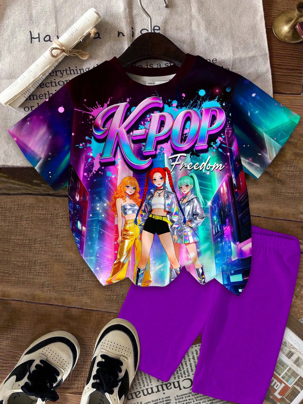 Little Girl Neon City KPOP3 Anime Idol Printed T-shirt Solid Color Purple Cycling Shorts2-piece Fashion Pop Music Children's Set
