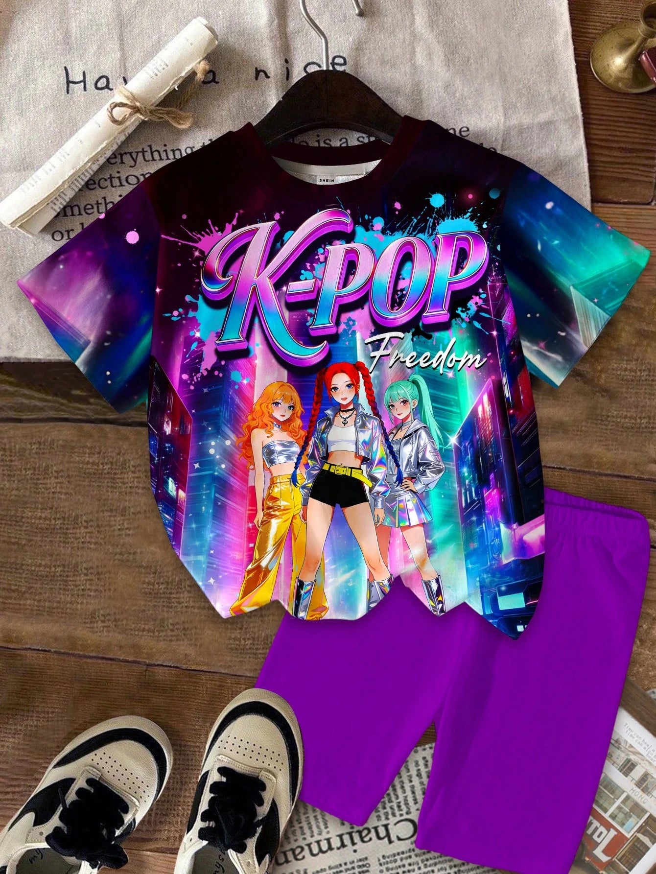 Little Girl Neon City KPOP3 Anime Idol Printed T-shirt Solid Color Purple Cycling Shorts2-piece Fashion Pop Music Children's Set