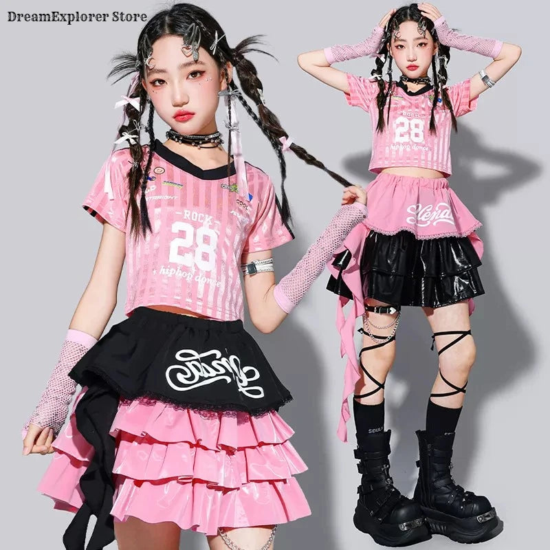 Kids K-pop Crop Top Street Dance Shiny Pleated Skirt Girls Hip Hop Streetwear Children Jazz Costume Girl Group Stage Clothes Set