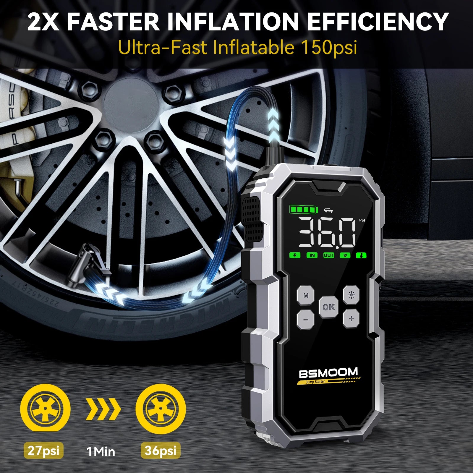 Démarreur de Batterie 3-en-1 + Gonfleur 150PSI (26800mAh)
