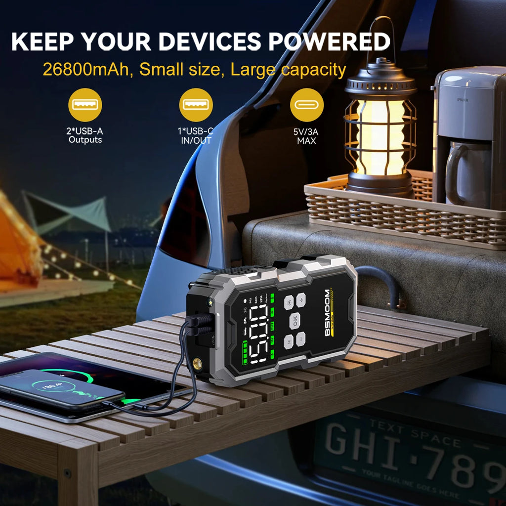 Démarreur de Batterie 3-en-1 + Gonfleur 150PSI (26800mAh)