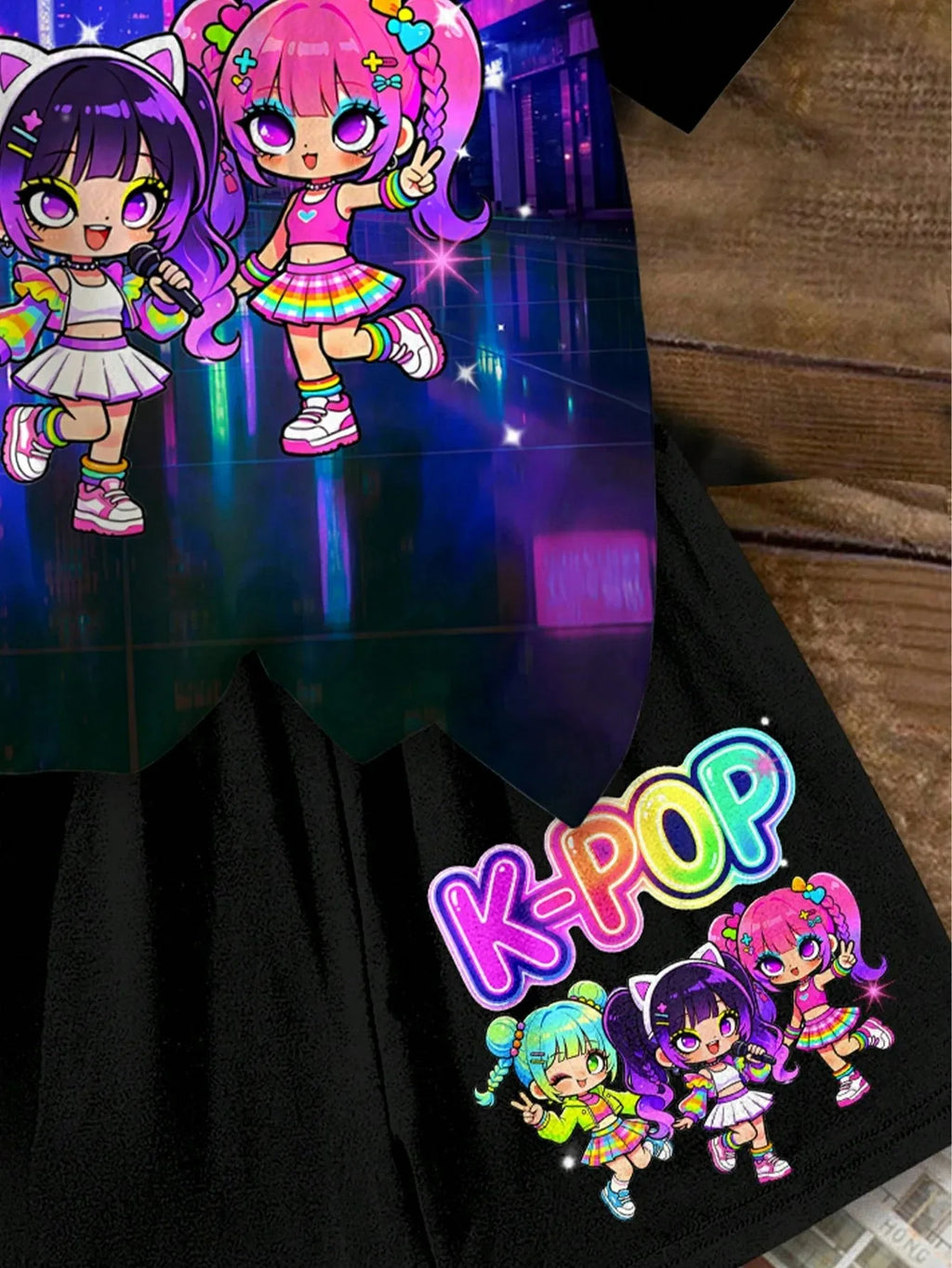 Girls Neon City K-Pop Idol Cartoon 2Pcs Shorts Set Night Street Print Tee & Matching Shorts Soft Kids Summer Casual Outfit Suit