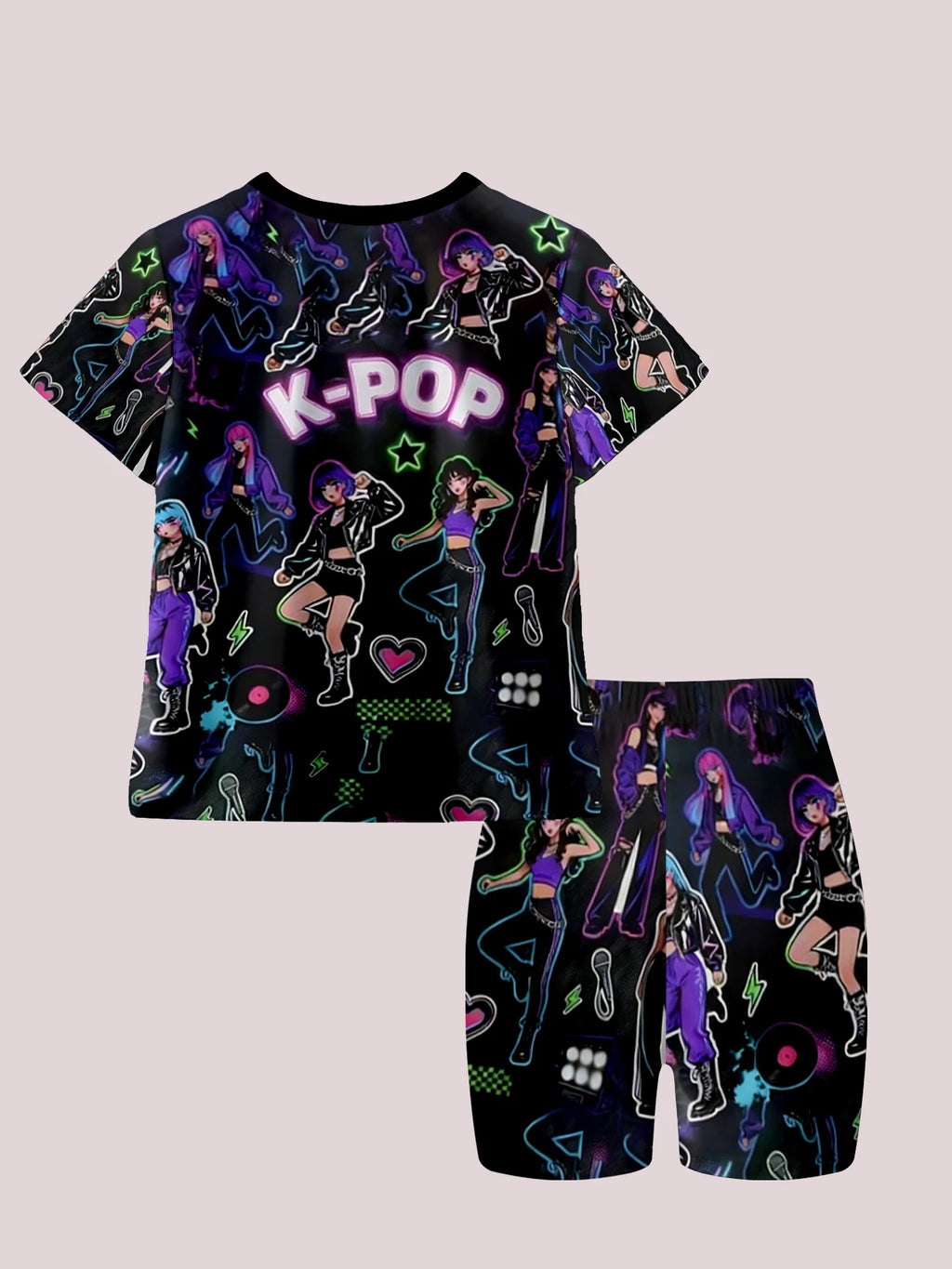 Neon K-Pop Idol Printed Casual 2PCS T-shirt and Shorts Set, Suitable for K-Pop Fans' Birthday Gifts Comfortable Casual Set