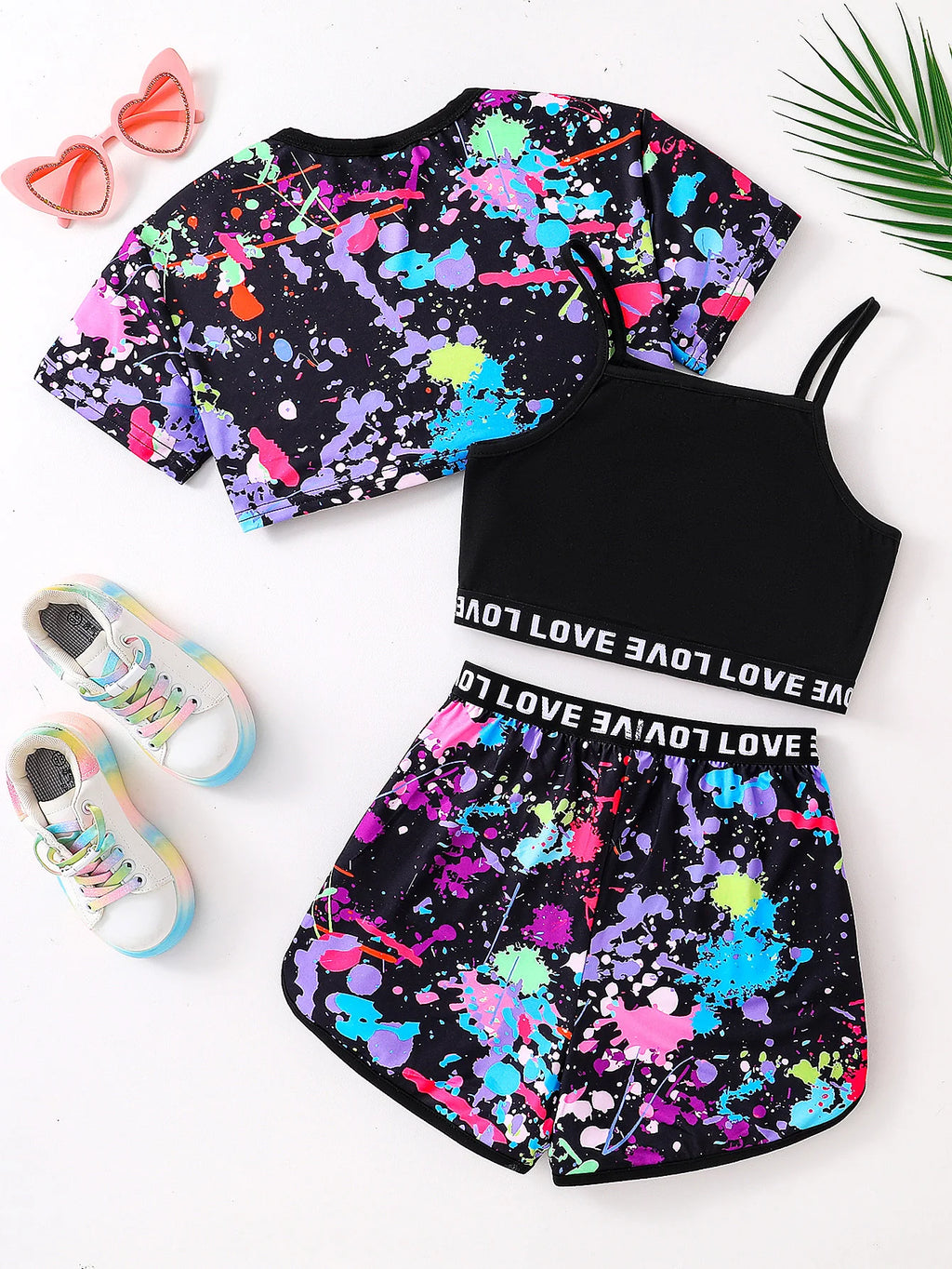 Summer fashion girls' three-piece set Fluorescent graffiti print casual loose slightly elastic comfortable suit
