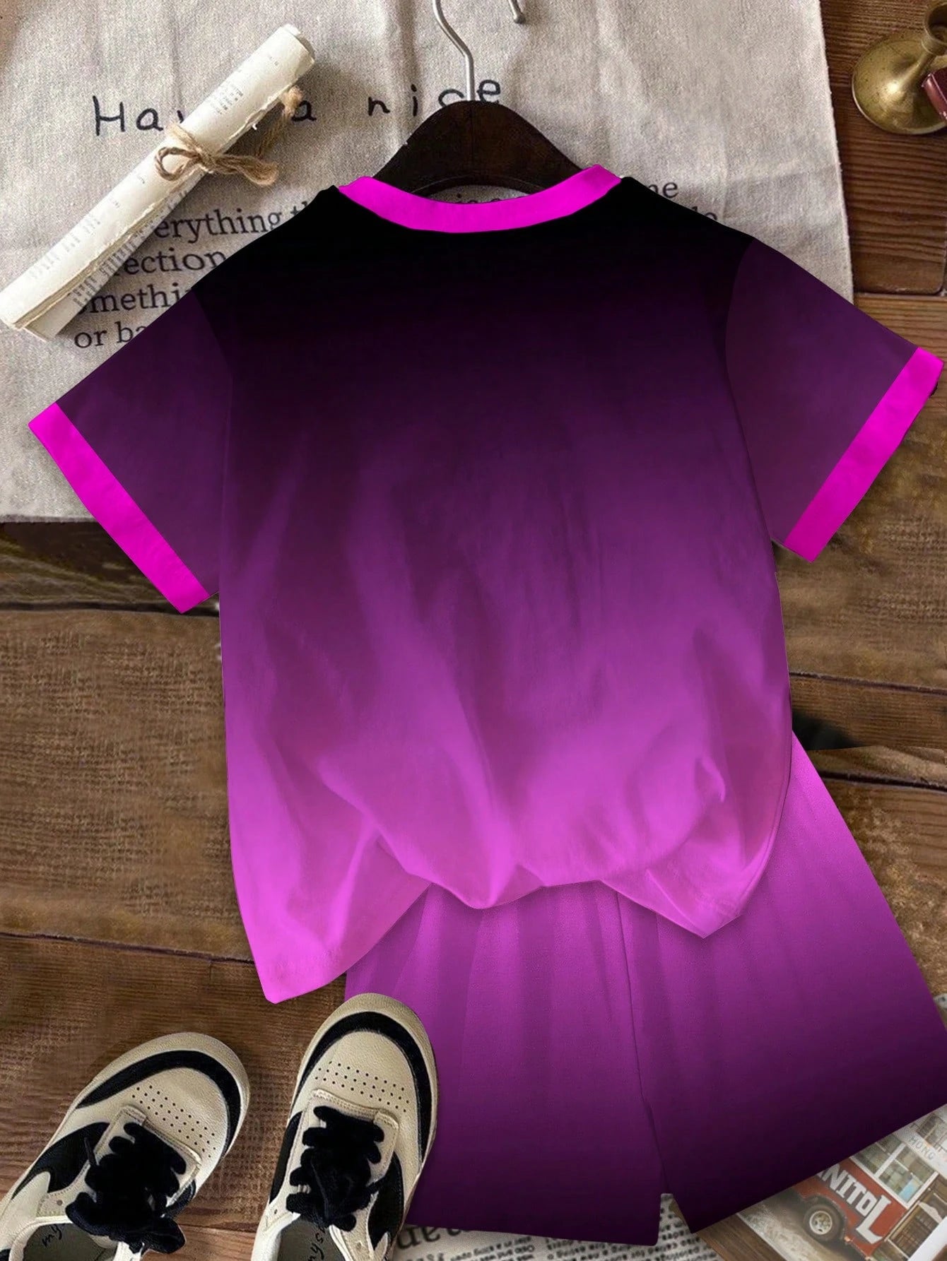 Children's Girl Deep Purple Magenta Gradient Kpop 3D Stage Girl Team Pattern T-shirt Neon Star Side Striped Shorts