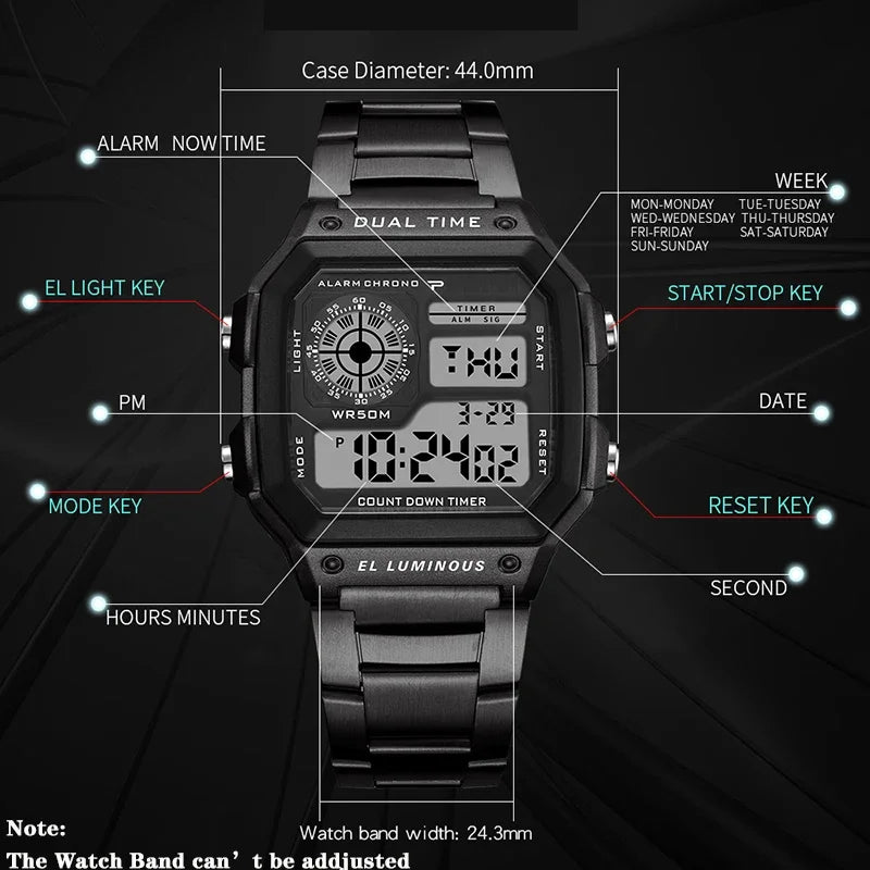 Montre digitale en acier de sport LED pour homme – vue 5