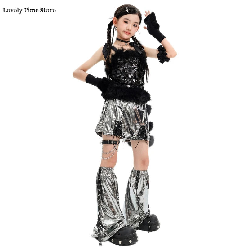 Hip Hop Girls Sequin Crop Top Silver Street Dance Shorts Kids K-pop Streetwear Costumes Children Jazz Girl Group Clothes Sets