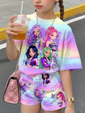 Girls Neon City K-Pop Idol Cartoon 2Pcs Shorts Set Night Street Print Tee & Matching Shorts Soft Kids Summer Casual Outfit Suit