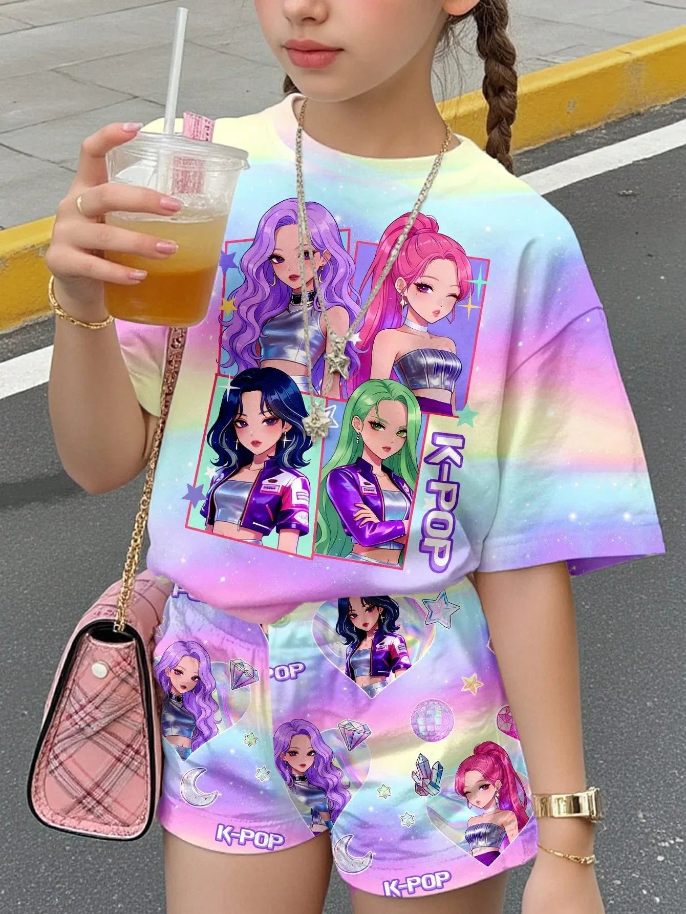 Girls Neon City K-Pop Idol Cartoon 2Pcs Shorts Set Night Street Print Tee & Matching Shorts Soft Kids Summer Casual Outfit Suit