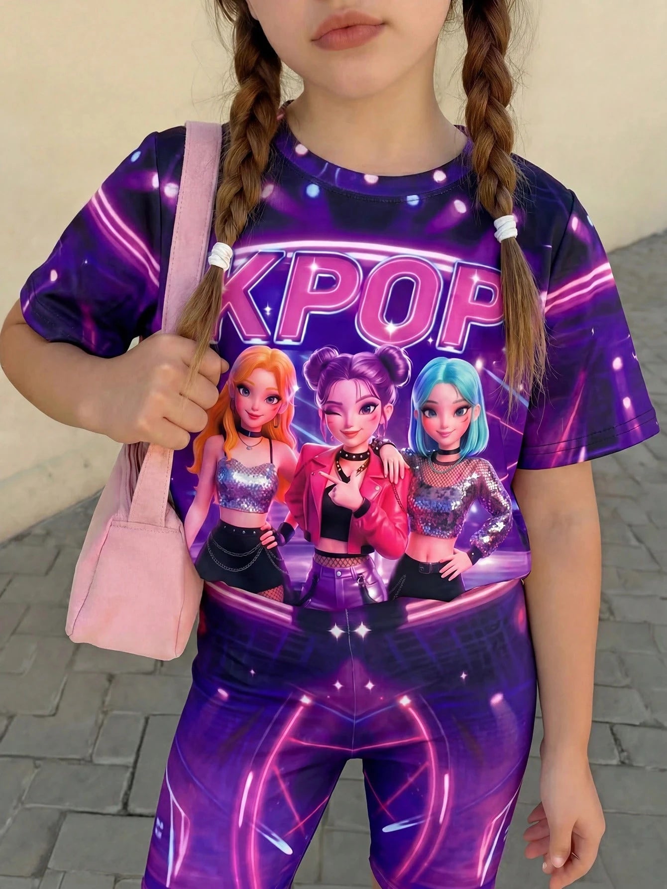 Little Girl Purple Neon Kpop 3D Idol Printed T-shirt with Bicycle Shorts 2-piece Set Concert Music Children's Set