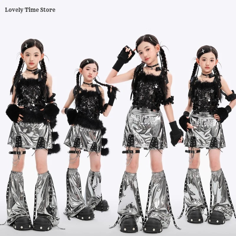 Hip Hop Girls Sequin Crop Top Silver Street Dance Shorts Kids K-pop Streetwear Costumes Children Jazz Girl Group Clothes Sets