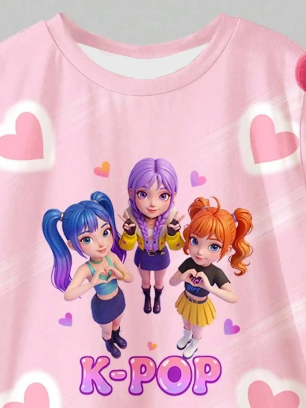 Girls' pink neon heart-outline K-pop idol-style two-piece outfit: a crew-neck short-sleeve T-shirt paired with heart-print short