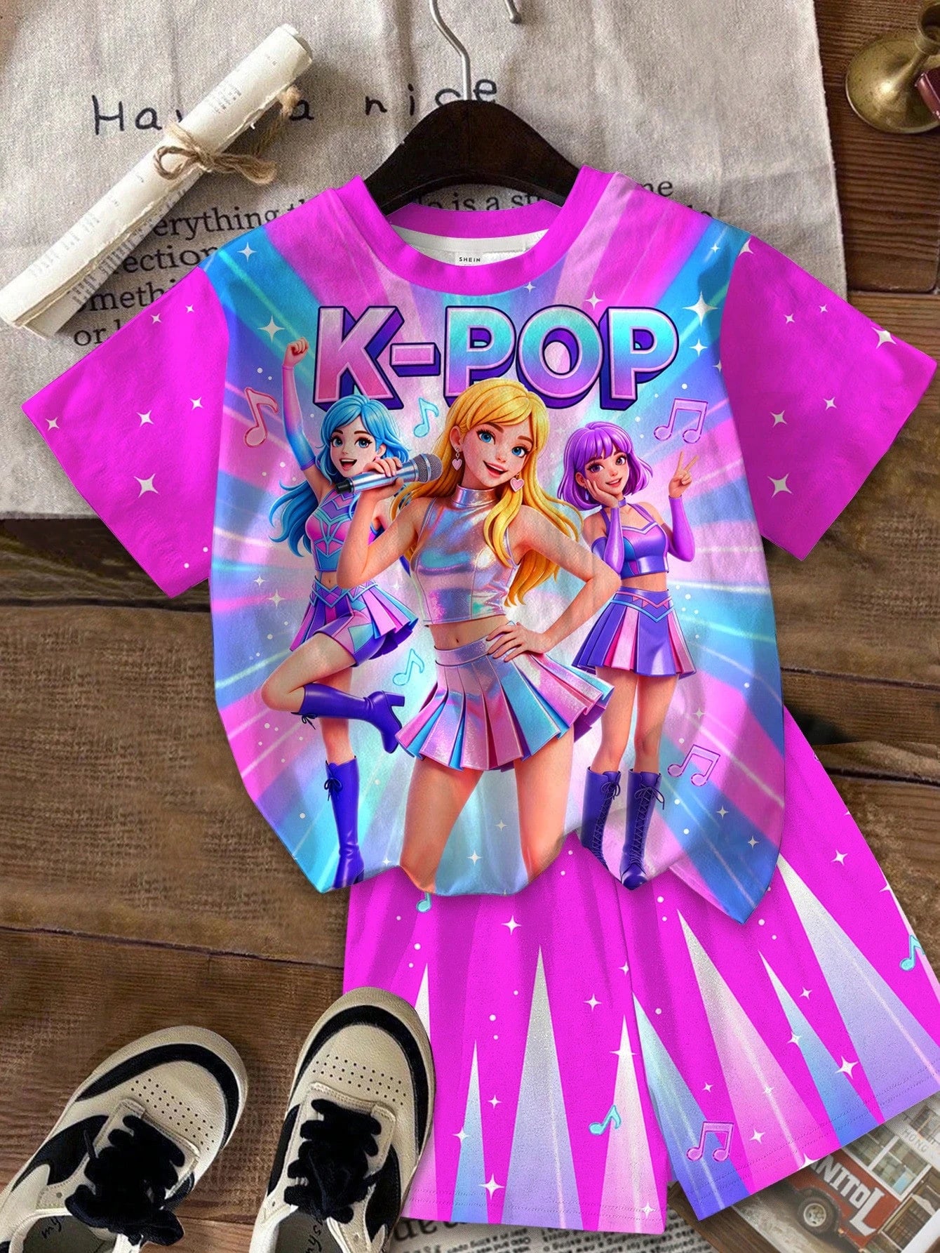 Little Girl Galaxy Neon Star 3D Kpop Idol Printed T-shirt with Space Shorts 2-piece Music Festival Children's Set