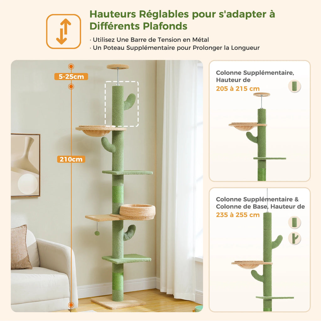 Height Adjustable Cactus Cat Tree with Cozy Hammock, Platforms and Dangling Balls, Floor to Ceiling Cactus Tower, Cat Toys