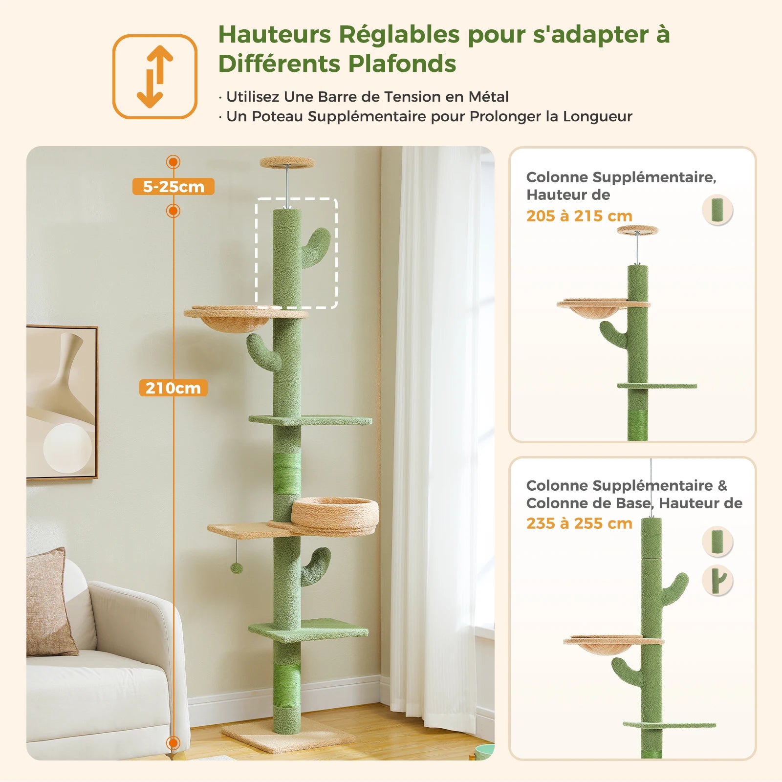 Height Adjustable Cactus Cat Tree with Cozy Hammock, Platforms and Dangling Balls, Floor to Ceiling Cactus Tower, Cat Toys