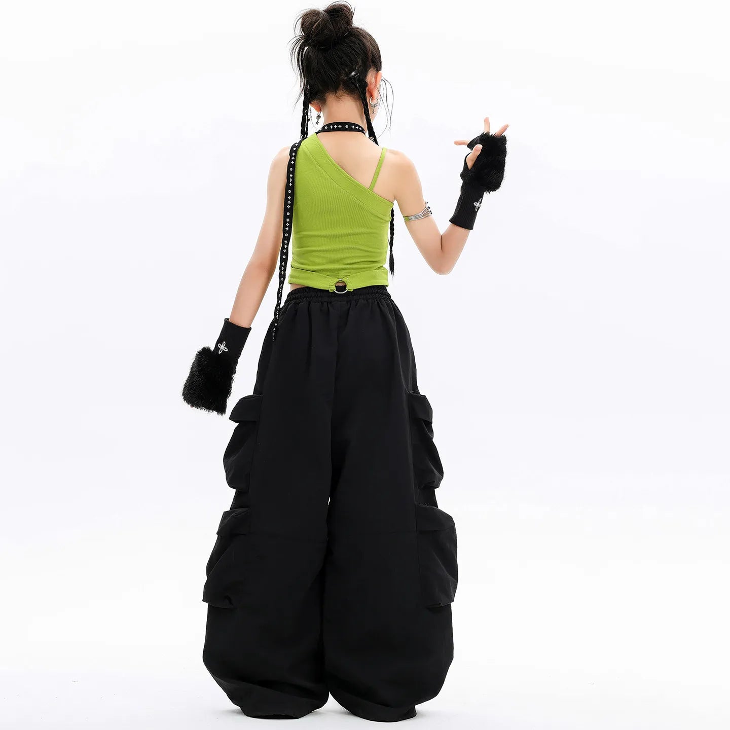 Girls Hip Hop Dance Outfit Neon Green Sleeveless Top with Black Letter Print Pants for Teenage Stage Street Wear Clothes Set