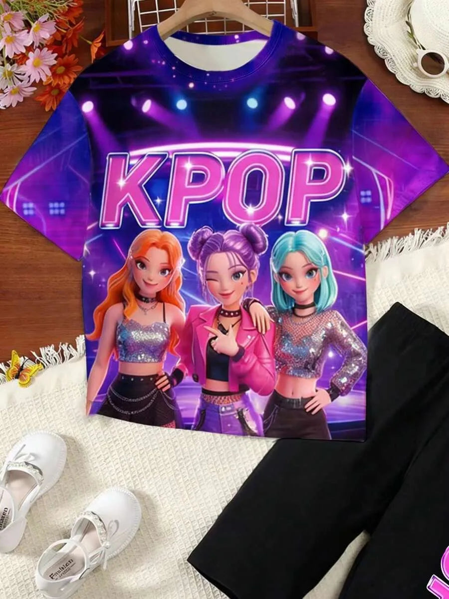 Girls' Purple Neon K-Pop Stage-Style Short-Sleeve Set: All-Over Print T-Shirt and Shorts with Vertical Side Lettering (2-Piece S