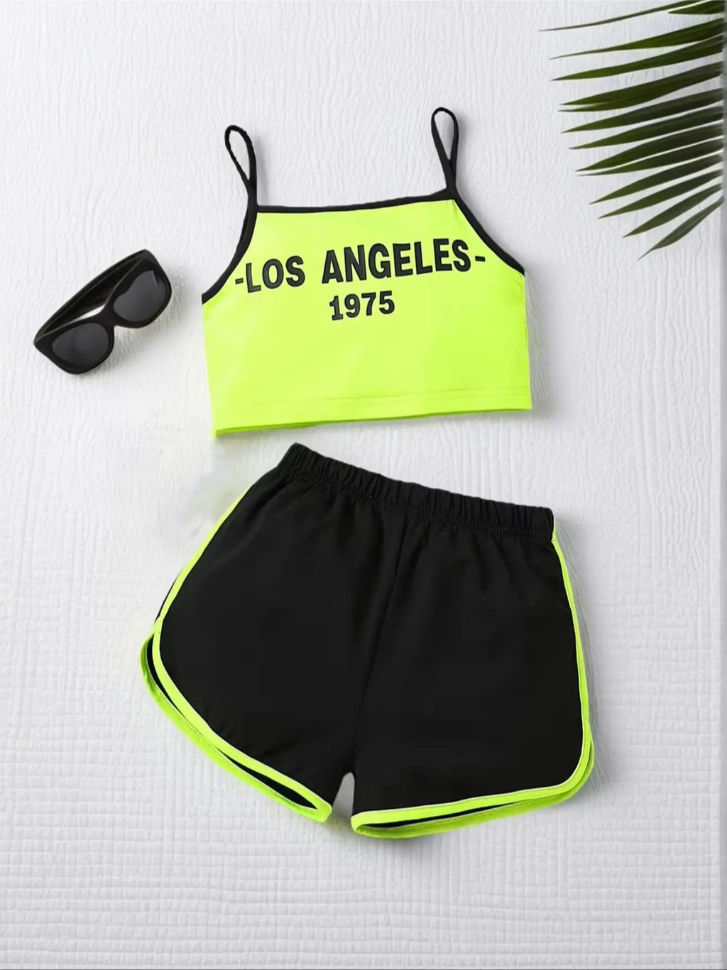 Girls 2 Piece Outfit, Neon Letter Print Spaghetti Cami Top Athletic Shorts Soft Kids for Daily Summer Casual Street Sports Wear