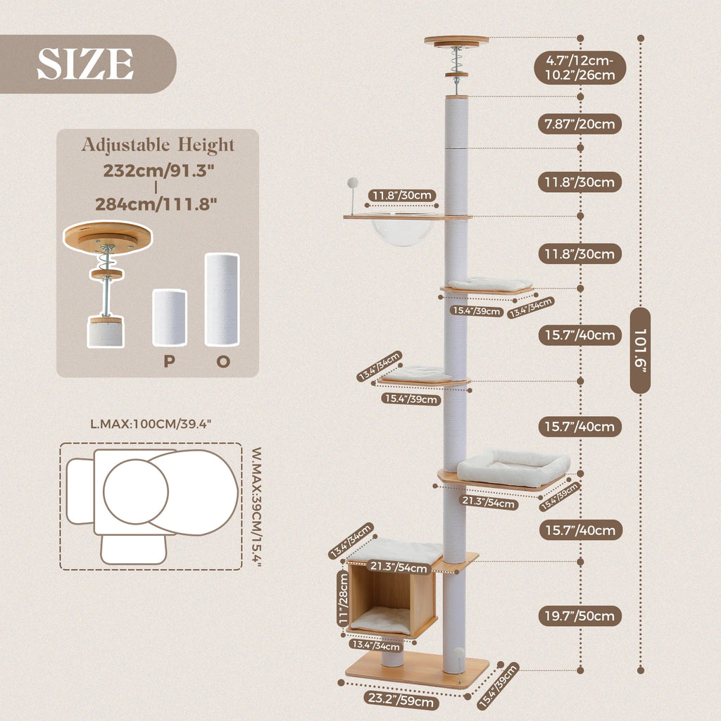 Floor to Ceiling Cat Tree for Indoor Height Adjustable Cat Tower with Sisal Scratching Posts Large Condo Acrylic Capsule Washable Mats Modern Wood Cat Furniture Cat Toys