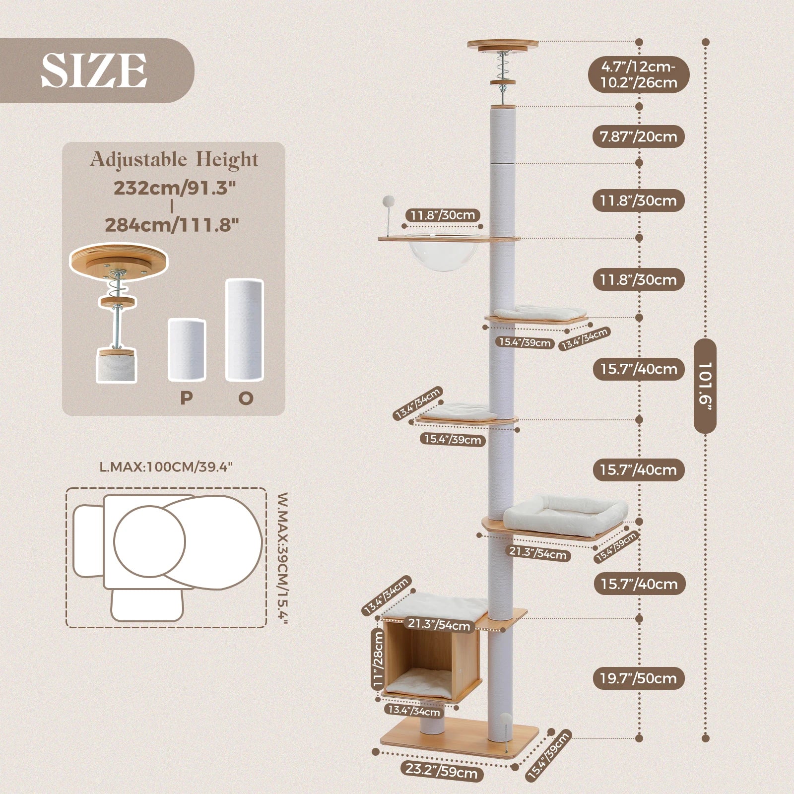 Floor to Ceiling Cat Tree for Indoor Height Adjustable Cat Tower with Sisal Scratching Posts Large Condo Acrylic Capsule Washable Mats Modern Wood Cat Furniture Cat Toys