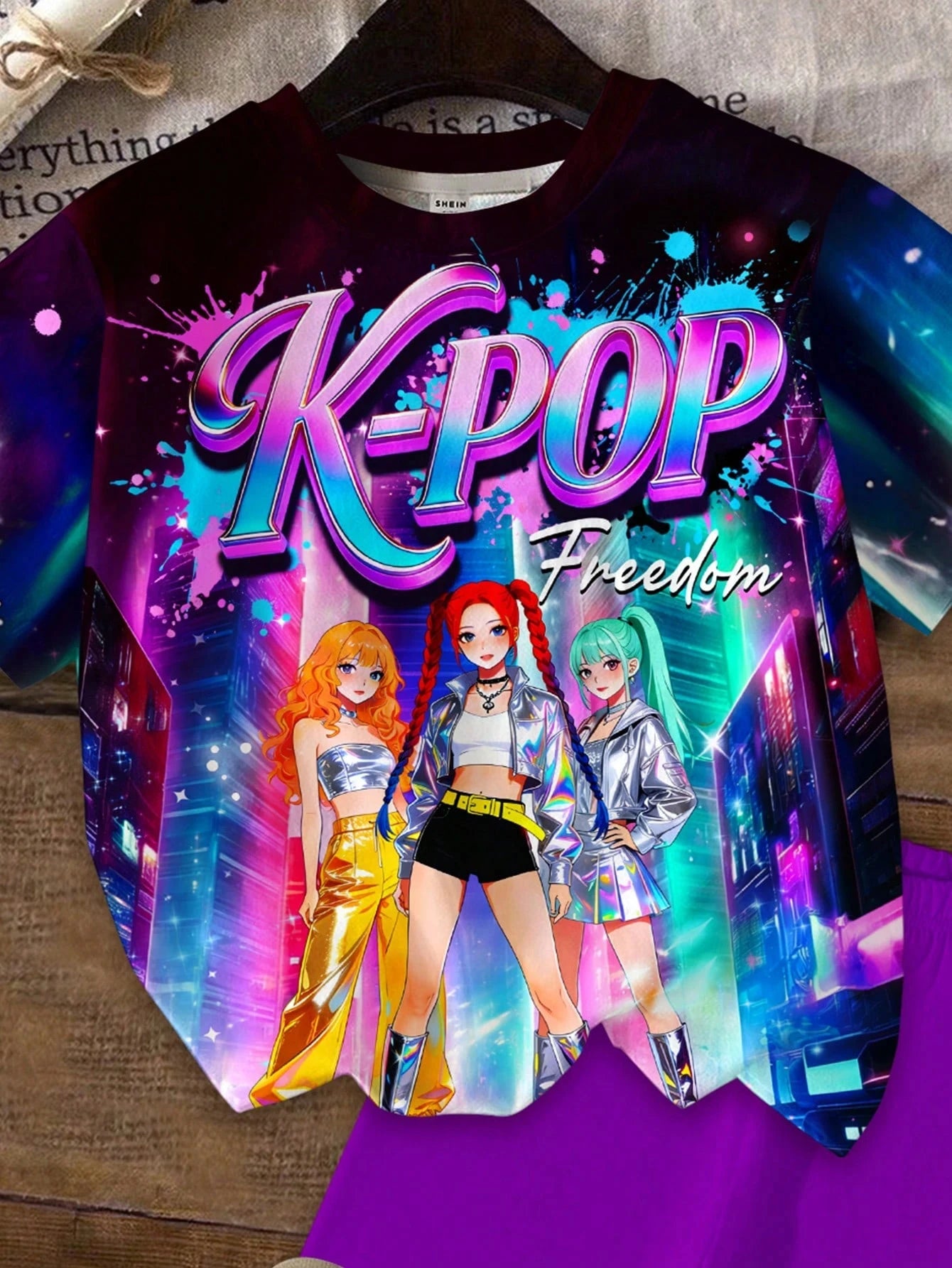 Little Girl Neon City KPOP3 Anime Idol Printed T-shirt Solid Color Purple Cycling Shorts2-piece Fashion Pop Music Children's Set