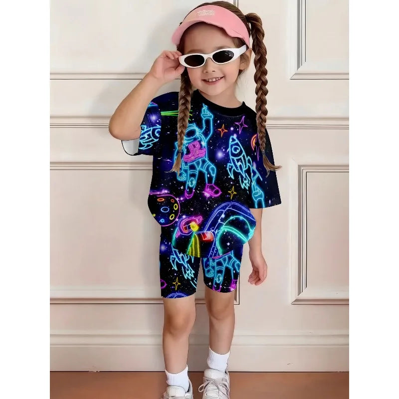 Neon Astronaut Space Print Casual 2PCS T-shirt and Shorts Set Suitable for Birthday Giving, Comfortable Casual Set