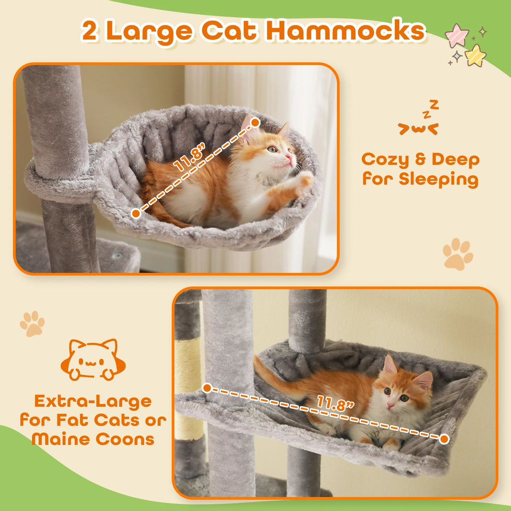 Adjustable Height Tall Cat Tree for Indoor Cats Floor to Ceiling Cat Tower with Sisal Scratching Post Cozy Hammock Large Condo Multi-Level Climbing Tree Cat Toys