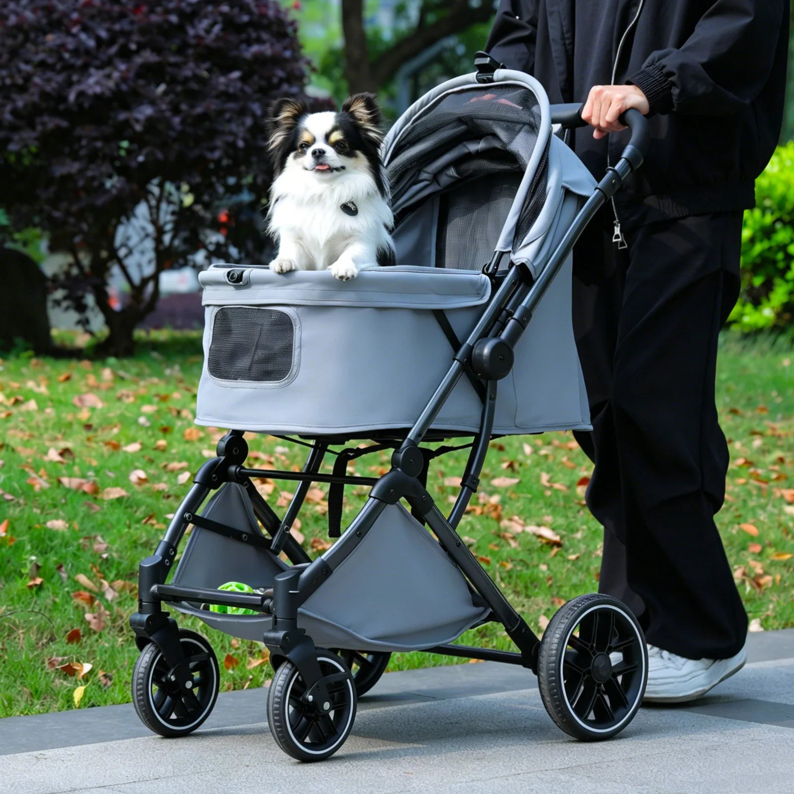 Foldable Pet Stroller for Small Medium Dogs & Cats One-Click Fold Dog Stroller with Reversible Handle Storage Basket Cup Holder Safety Tether Removable Washable Pad Large Cat Stroller Pet Suplies for Outdoor