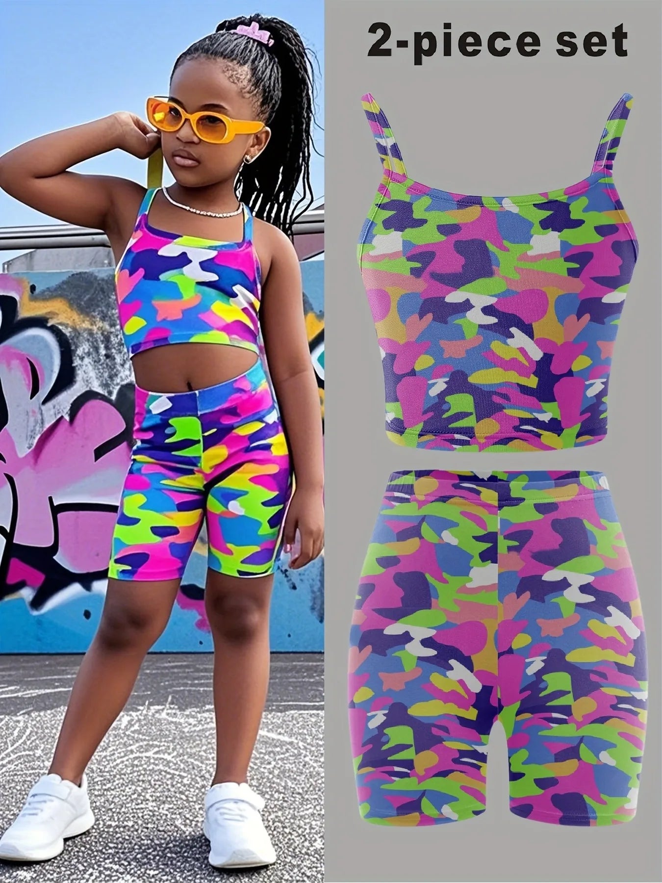 Trendy Girls 2Pcs Colorful Camo Co-Ord, Neon Camouflage Cami Crop Top & Biker Shorts Summer Streetwear Set