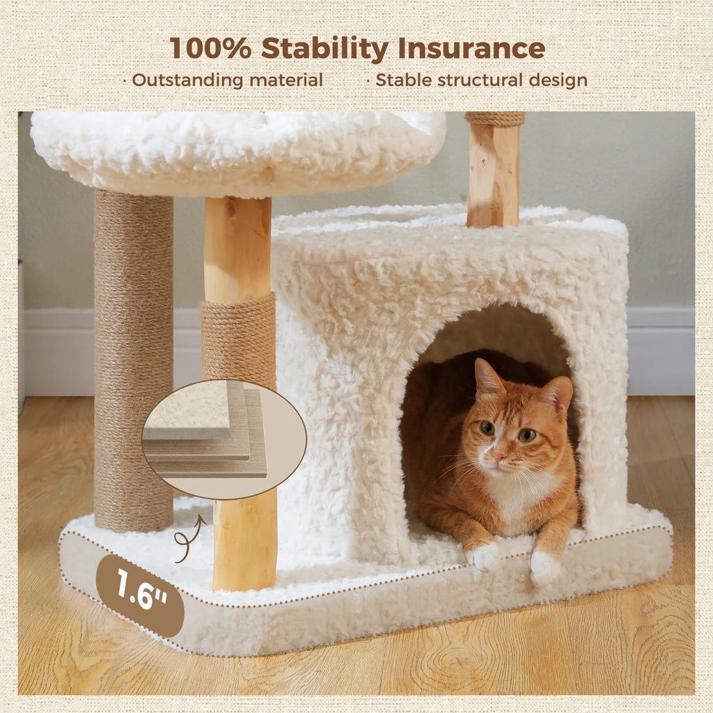 Modern Cat Tree for Indoor Cats Solid Wood Cat Tower with Luxury Cat Condo Cozy Hammock Scratching Post Flower Cat Bed Cat Toys