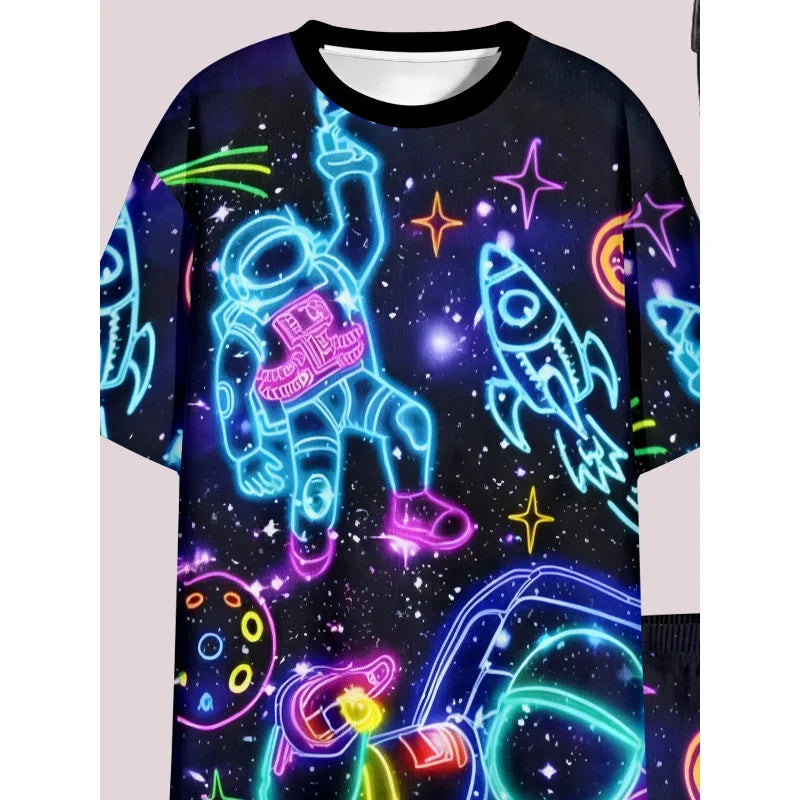 Neon Astronaut Space Print Casual 2PCS T-shirt and Shorts Set Suitable for Birthday Giving, Comfortable Casual Set